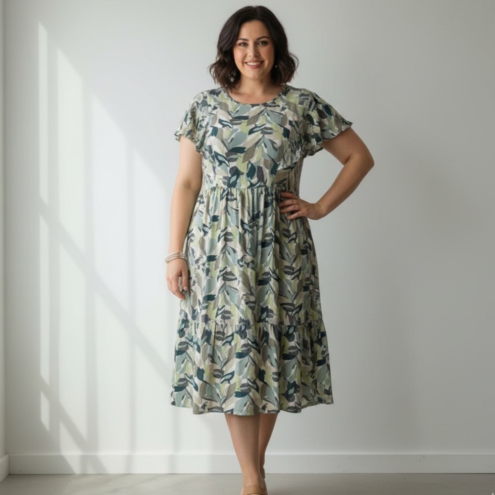 Indi & Cold Sz XL Green Leaves Nature Tiered Relaxed Dress